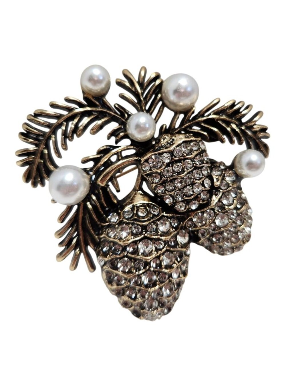 Pinecone Rhinestone & Pearl Gold-Tone Brooch Pin Elegant Winter-Inspired Jewelry